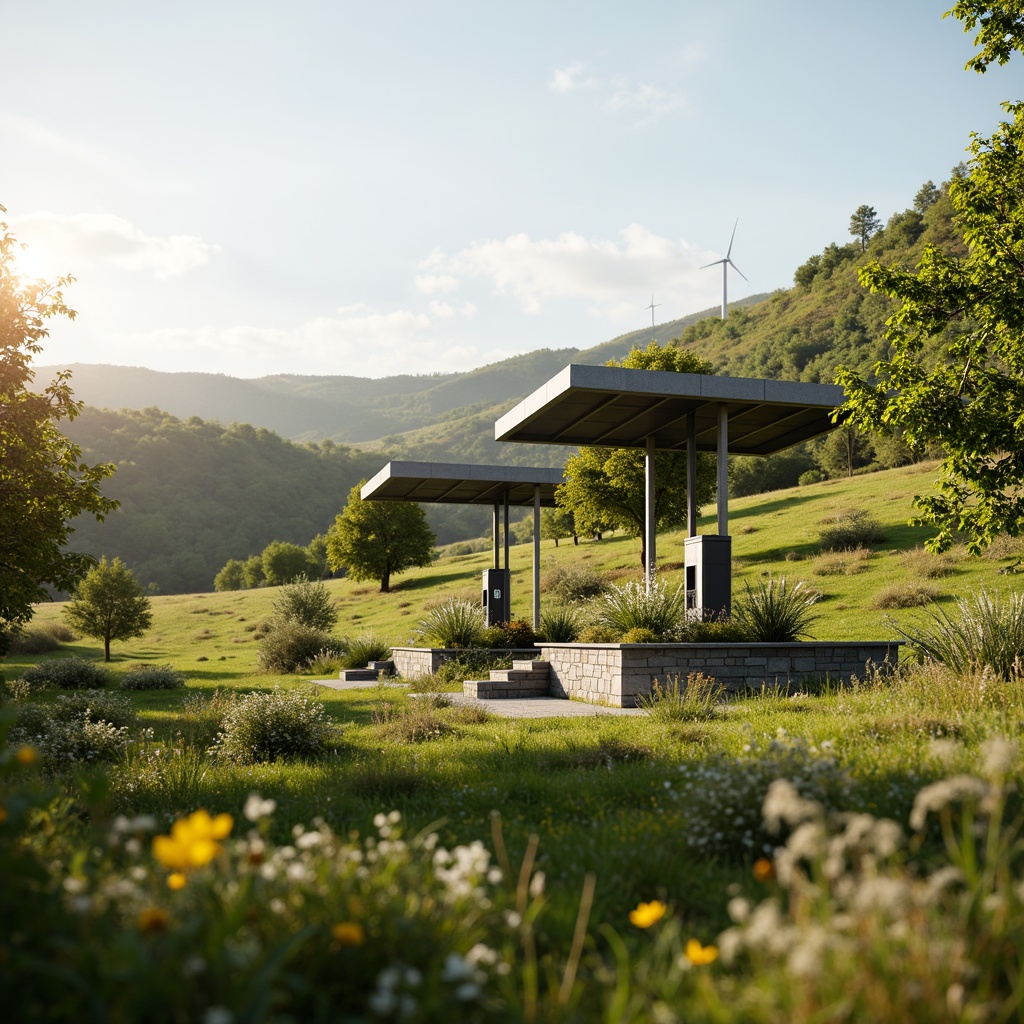 Prompt: Rustic farmland, rolling hills, green pastures, rural landscape, charging station integration, modern electric infrastructure, sleek metal canopies, solar panels, wind turbines, eco-friendly materials, natural stone foundations, grassy surroundings, wildflowers, serene atmosphere, soft warm lighting, shallow depth of field, 3/4 composition, panoramic view, realistic textures, ambient occlusion.