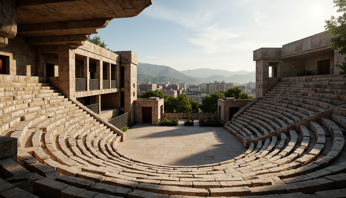 Prompt: Rugged stone amphitheater, brutalist architecture, natural lighting, open-air performance space, tiered seating, raw concrete structures, monumental scale, dramatic shadows, warm afternoon sunlight, soft diffused light, high contrast ratios, cinematic atmosphere, grandeur sense, imposing presence, urban landscape, city skyline, distant mountain views, atmospheric perspective, 1/1 composition, symmetrical framing, realistic textures, ambient occlusion.