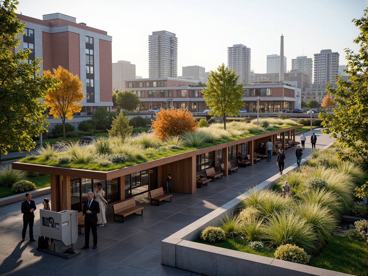 Prompt: Vibrant tram station, green roofs, lush vegetation, natural stone walls, wooden benches, modern architecture, large glass windows, steel frames, urban landscape, city skyline, busy streets, morning sunlight, soft warm lighting, shallow depth of field, 3/4 composition, panoramic view, realistic textures, ambient occlusion, integrated public art, eco-friendly materials, innovative ventilation systems, pedestrian-friendly spaces, accessible walkways.