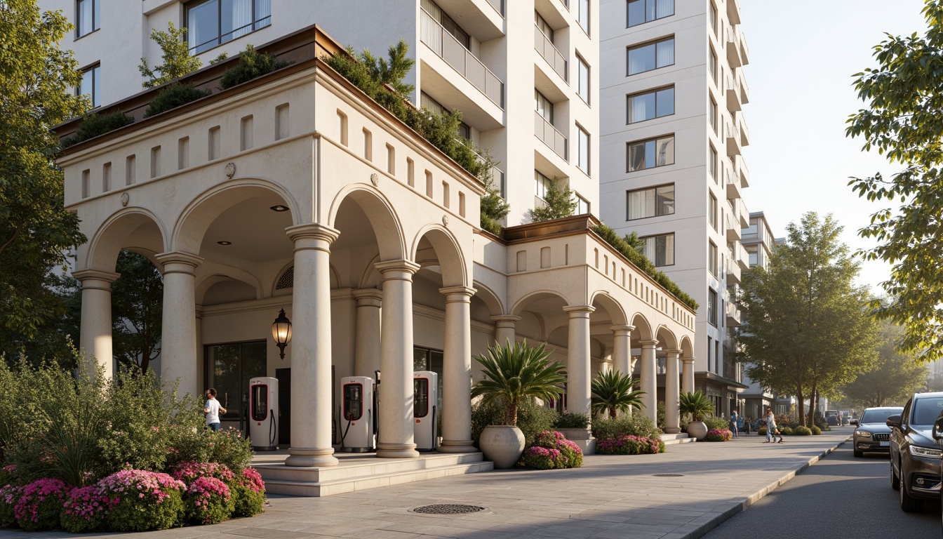 Prompt: Grandiose charging station facade, neoclassical columns, ornate details, symmetrical composition, creamy white stone cladding, subtle cornice moldings, rounded arches, bronze accents, lantern-style lighting fixtures, lush greenery, vibrant flowers, urban cityscape, morning sunlight, soft warm glow, shallow depth of field, 2/3 composition, realistic textures, ambient occlusion.