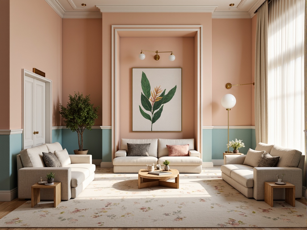 Prompt: Soft peach walls, creamy white trim, rich wood accents, calming blue undertones, natural stone flooring, elegant gold lighting fixtures, plush velvet upholstery, subtle linen textures, warm beige carpets, serene botanical patterns, delicate floral motifs, gentle ombre effects, soothing pastel hues, 1/1 composition, intimate atmosphere, softbox lighting, realistic fabric simulations.