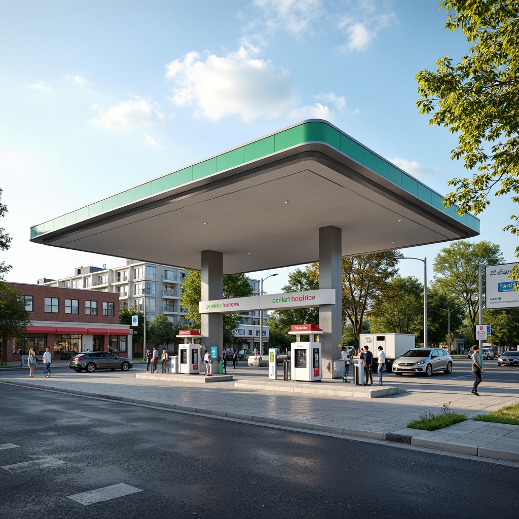 Prompt: Modern gas station, functional layout, Bauhaus style, clean lines, minimal ornamentation, industrial materials, steel structures, glass canopies, rectangular forms, user-centric design, efficient fueling process, clear signage, intuitive navigation, ample parking spaces, electric vehicle charging stations, sustainable energy solutions, green roofs, urban landscape, busy street scene, natural light, shallow depth of field, 1/1 composition, realistic textures, ambient occlusion.