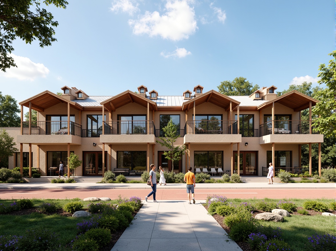 Prompt: Rustic gymnasium facade, regionalism-inspired architecture, earthy tones, natural stone cladding, wooden accents, sloping rooflines, dormer windows, cozy entranceways, lush greenery, vibrant flowers, sports equipment, athletic tracks, stadium seating, modern fitness facilities, sleek metal railings, minimalist signage, warm sunny day, soft warm lighting, shallow depth of field, 3/4 composition, panoramic view, realistic textures, ambient occlusion.