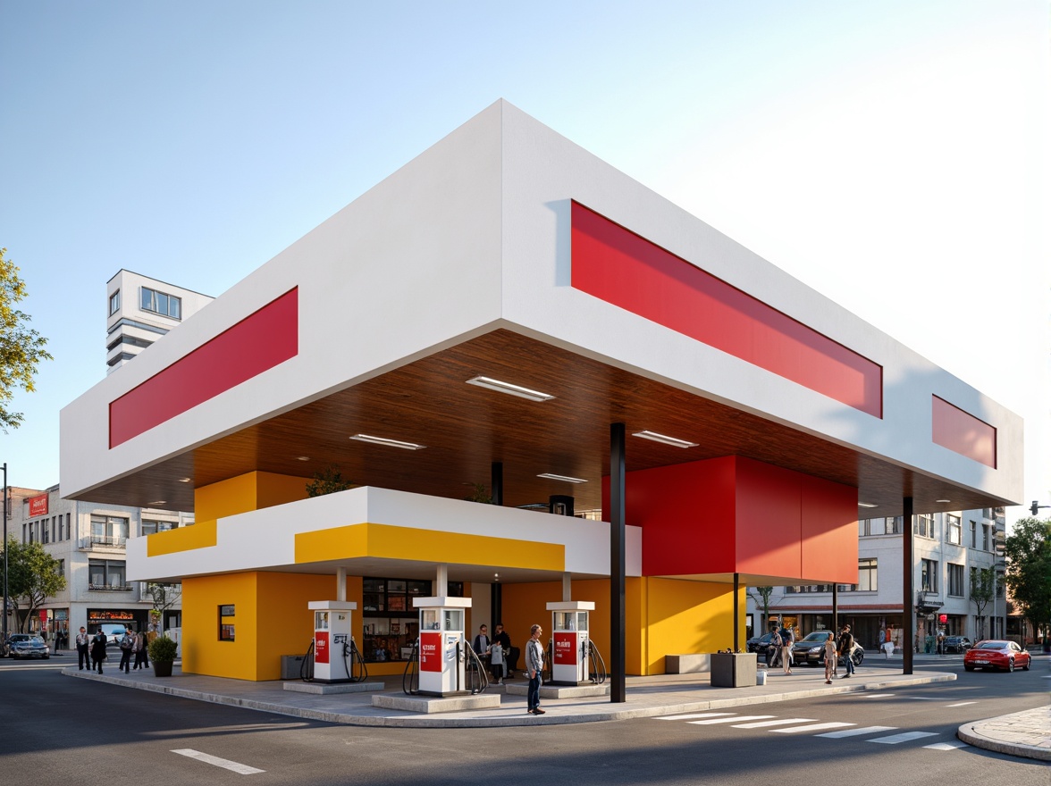 Prompt: Geometric gas station, bold primary colors, rectangular forms, flat roofs, minimalist design, steel beams, industrial materials, modernist architecture, cantilevered canopies, angular lines, functional simplicity, urban context, busy streets, morning light, soft shadows, 1/1 composition, realistic textures, ambient occlusion.