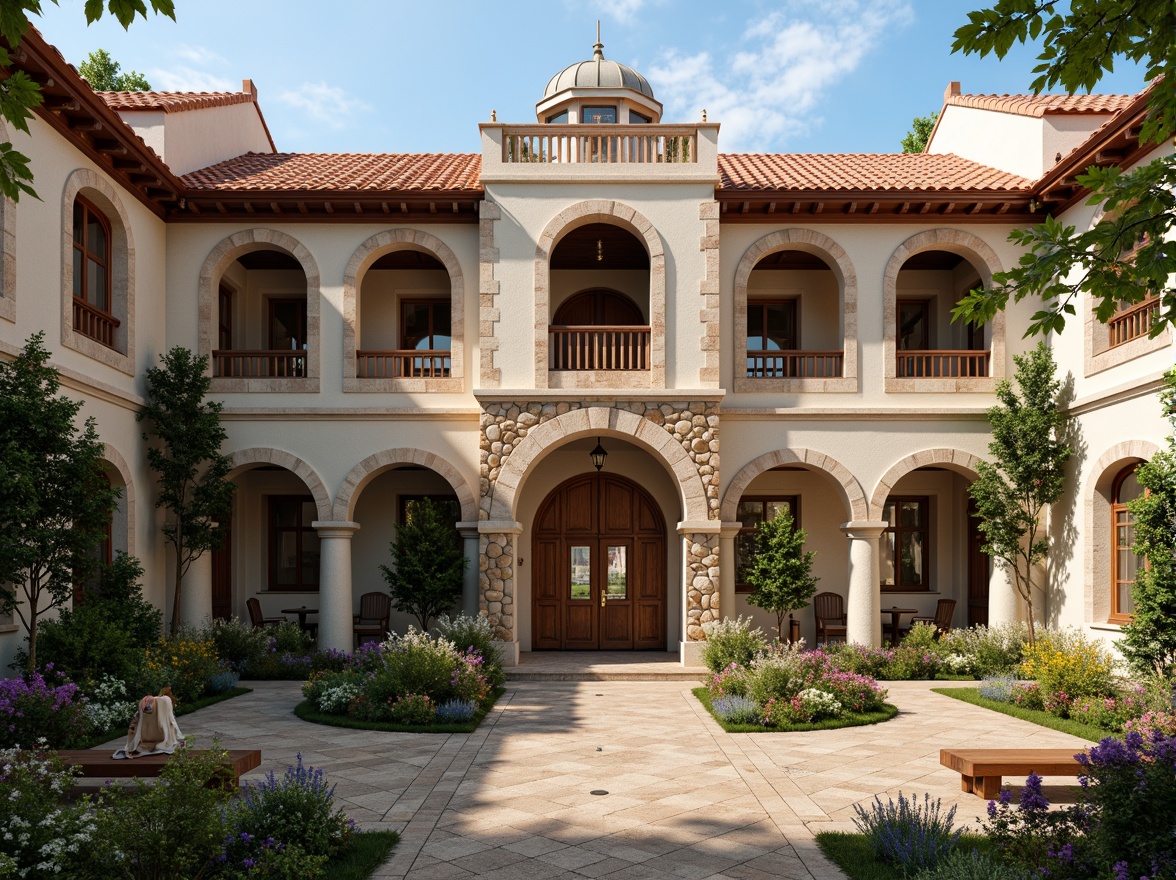 Prompt: Rustic school building, Romanesque style fa\u00e7ade, arched windows, ornate stone carvings, red terracotta roofs, heavy wooden doors, grand entrance halls, vaulted ceilings, intricate murals, warm earthy tones, natural stone walls, lush greenery, blooming flowers, sunny day, soft warm lighting, shallow depth of field, 3/4 composition, panoramic view, realistic textures, ambient occlusion.