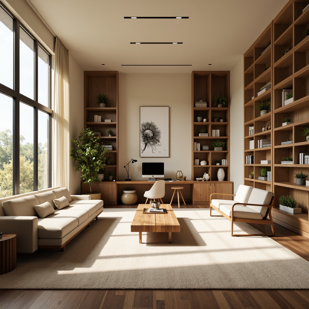 Prompt: Cozy living room, warm beige walls, plush carpeting, comfortable sofas, wooden coffee tables, floor-to-ceiling windows, natural daylight, soft diffused lighting, minimalist decor, functional shelving units, built-in bookcases, ergonomic workspace, adjustable desk chairs, inspirational artwork, calming color palette, harmonious spatial flow, 1/1 composition, atmospheric rendering, realistic textures.