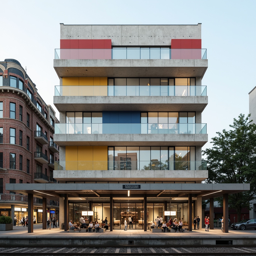 Prompt: Geometric train station facade, primary-colored accents, rectangular windows, flat roofs, industrial materials, functional design, modernist aesthetic, urban infrastructure, busy cityscape, morning commute, soft natural light, shallow depth of field, 1/1 composition, symmetrical architecture, brutalist concrete structures, minimalist ornamentation, clean lines, rectangular shapes, functional typography, wayfinding signage, steel beams, glass canopies, platform seating, industrial lighting fixtures.