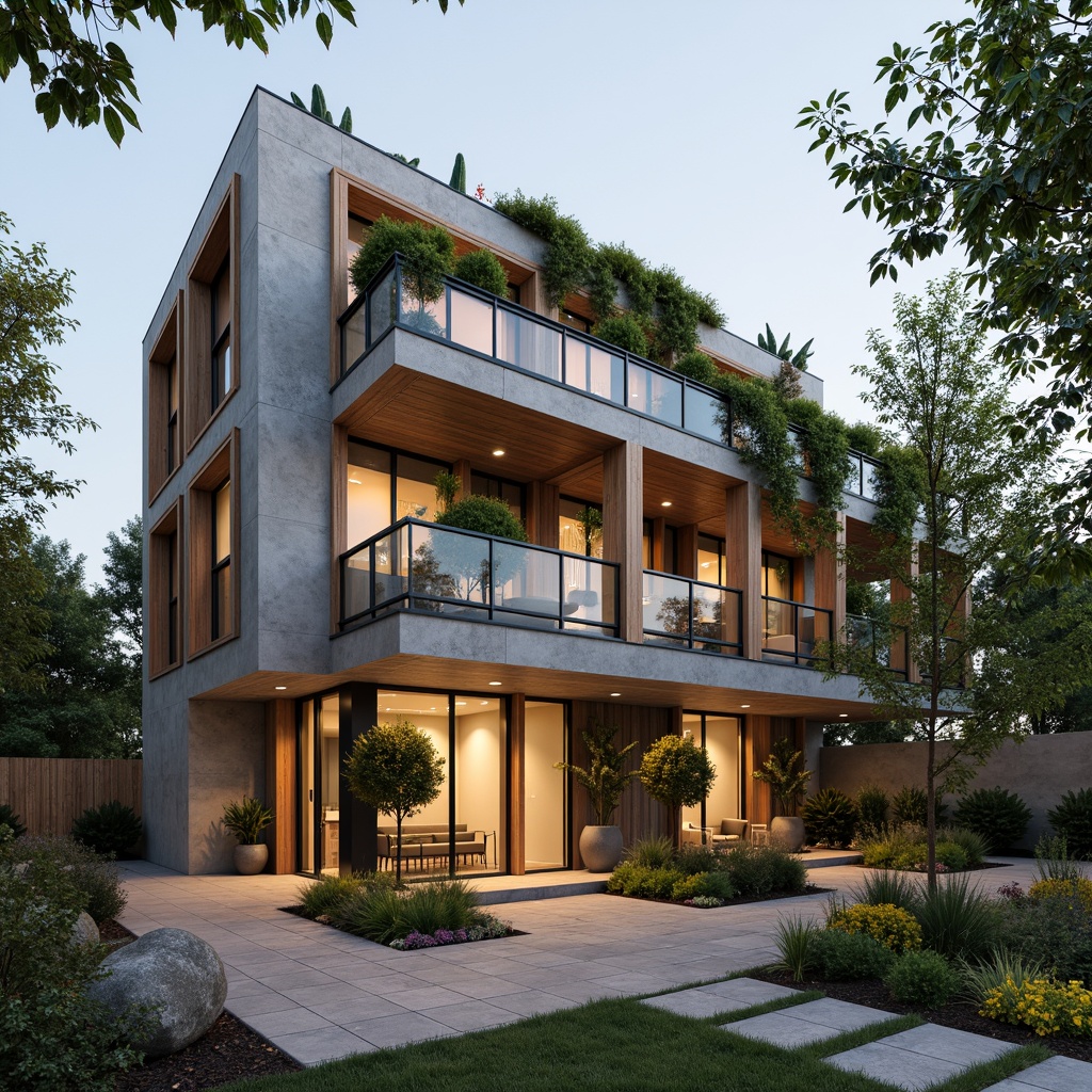 Prompt: Sustainable building facade, reclaimed wood accents, low-carbon concrete, eco-friendly insulation, double-glazed windows, solar panels, green roofs, living walls, vertical gardens, natural stone flooring, recycled metal structures, minimalist interior design, earthy color palette, organic textures, ambient lighting, soft shadows, 1/1 composition, realistic renderings.