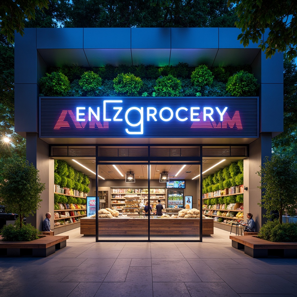 Prompt: Futuristic grocery store facade, neon lights, metallic surfaces, angular lines, minimalist design, glass and steel materials, automated sliding doors, vertical farm systems, green walls, LED signage, vibrant colorful branding, geometric patterns, 3D typography, reflective surfaces, dynamic lighting effects, shallow depth of field, 1/2 composition, panoramic view, realistic textures, ambient occlusion.