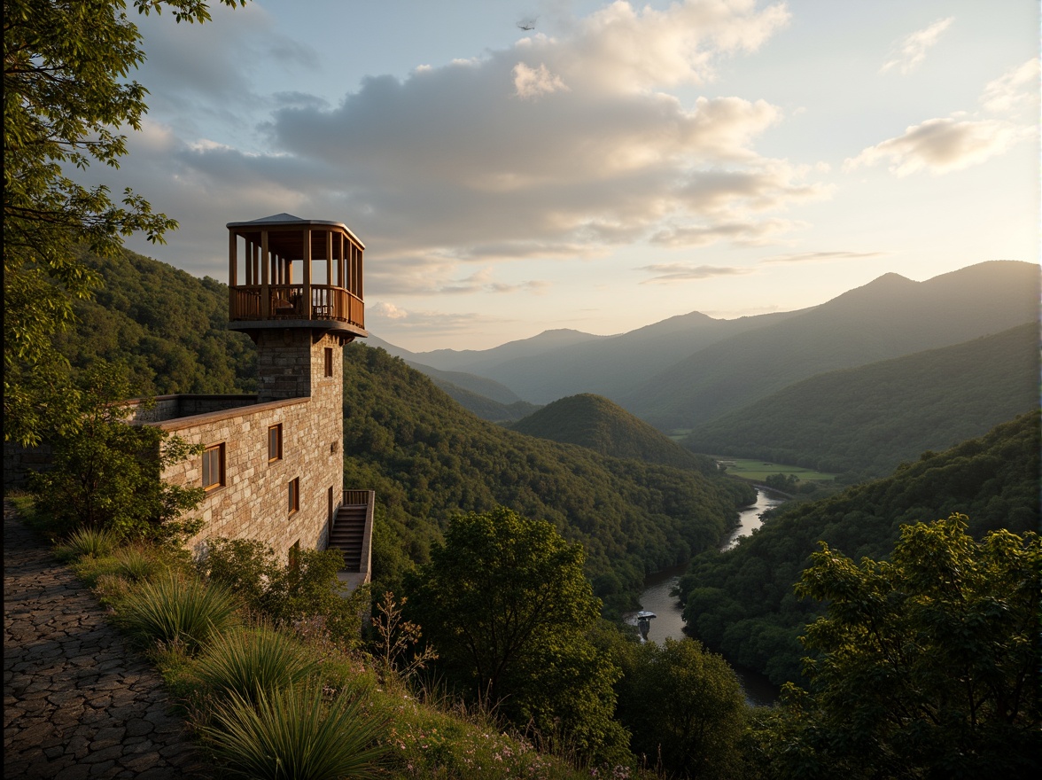 Prompt: Secluded watching tower, rustic stone walls, wooden accents, panoramic views, rolling hills, lush green forests, meandering streams, serene natural surroundings, bird's eye perspective, dramatic cloud formations, warm golden lighting, soft misty atmosphere, 3/4 composition, realistic textures, ambient occlusion, intricate stonework, earthy color palette, organic architectural forms, blending into nature, minimal visual impact.