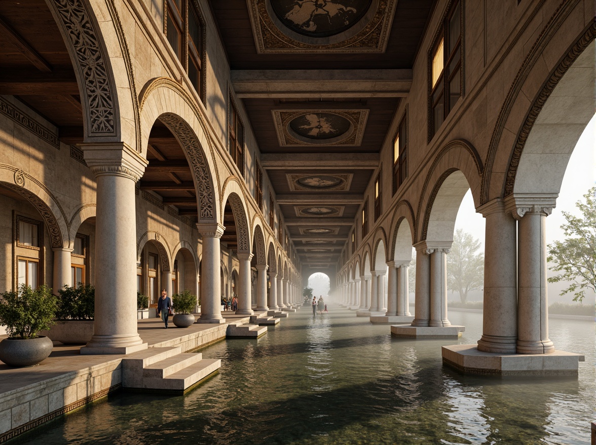 Prompt: Majestic bridge, Byzantine arches, ornate stone carvings, intricate mosaics, golden accents, rustic stonework, grandiose pillars, sweeping curves, symmetrical design, tranquil water reflections, misty morning atmosphere, soft warm lighting, shallow depth of field, 1/2 composition, realistic textures, ambient occlusion.