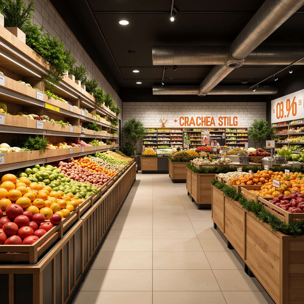 Prompt: Vibrant grocery store interior, fresh produce stands, wooden crates, green leafy accents, warm beige floors, crisp white shelves, bold red sale signs, bright yellow price tags, natural stone walls, earthy brown baskets, modern metal racks, refreshing citrus colors, inviting aroma, soft overhead lighting, shallow depth of field, 2/3 composition, realistic textures, ambient occlusion.