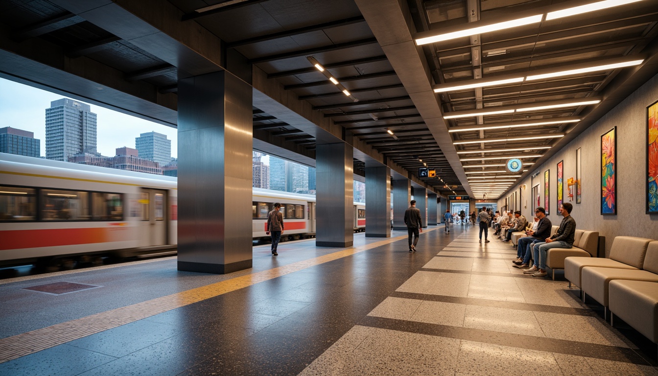 Prompt: Modern metro station interior, sleek architecture, polished granite floors, stainless steel columns, LED lighting strips, comfortable seating areas, vibrant urban art installations, clear signage systems, intuitive wayfinding, bustling commuter atmosphere, morning rush hour, soft warm lighting, shallow depth of field, 3/4 composition, panoramic view, realistic textures, ambient occlusion.