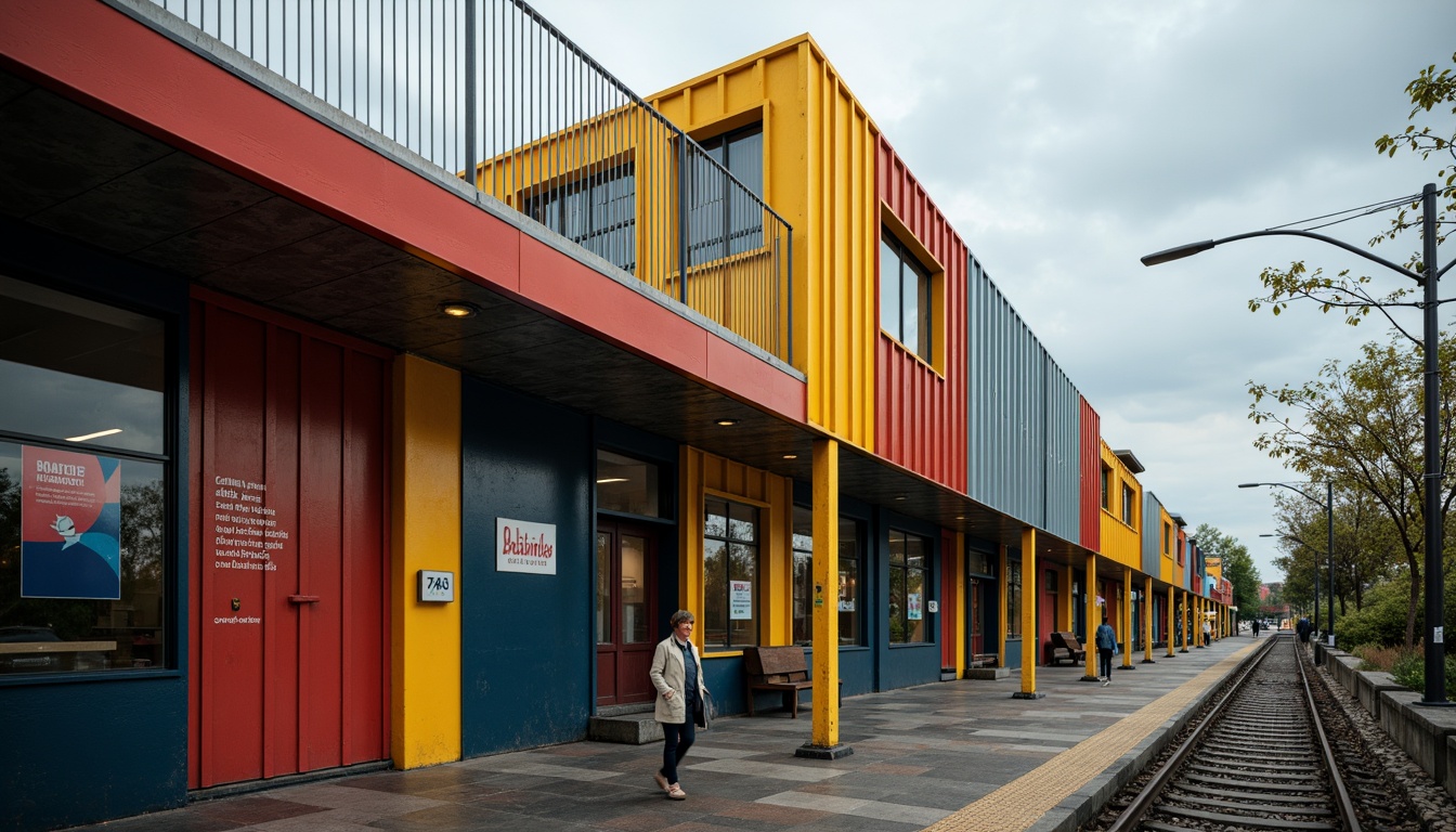 Prompt: Industrial heritage train station, functionalist architecture, bold primary colors, rectangular shapes, metal accents, clean lines, minimalist aesthetic, vintage signage, distressed textures, urban landscape, overcast sky, dramatic shadows, low-angle shot, 1/1 composition, cinematic lighting, realistic reflections.