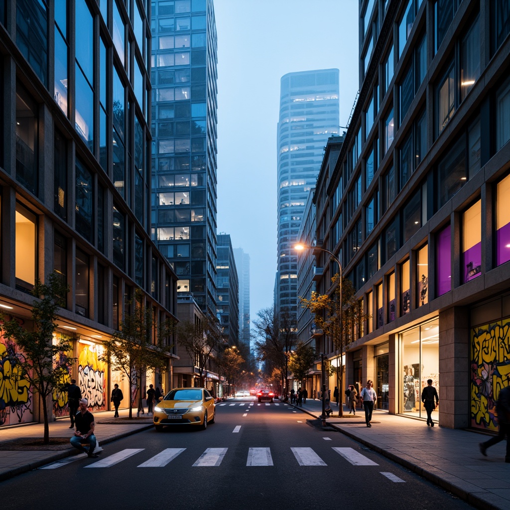 Prompt: Urban cityscape, modern skyscrapers, sleek glass towers, concrete sidewalks, vibrant street art, bustling streets, nighttime neon lights, atmospheric fog, warm golden lighting, shallow depth of field, 1/2 composition, realistic textures, ambient occlusion, monochromatic color scheme, deep blues and purples, bold yellows and oranges, neutral grays and beiges, metallic accents, graffiti-inspired patterns, urban jungle atmosphere.