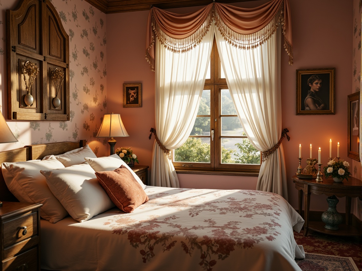 Prompt: Dreamy boudoir, soft velvety drapes, flowing silk curtains, ornate wooden shutters, delicate lace trimmings, romantic floral patterns, pastel color palette, warm candlelight, intimate ambiance, luxurious fabrics, plush velvet pillows, antique furniture pieces, distressed wood accents, whimsical wall art, natural light filtering, sheer fabrics, billowy folds, 1/1 composition, soft focus effect, warm golden lighting.