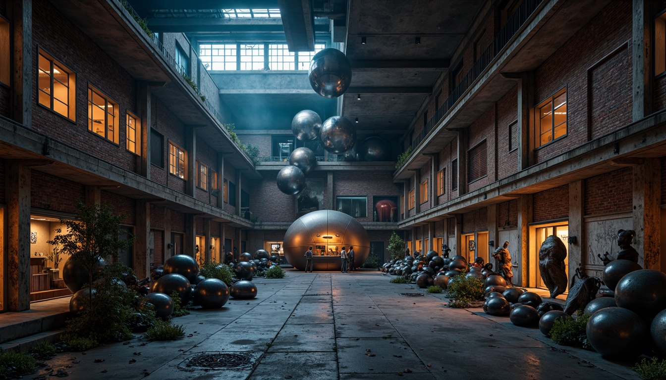 Prompt: Rustic industrial landscape, abandoned factory backdrop, worn brick walls, steel beams, curved organic shapes, bulbous structures, irregular forms, futuristic architecture, neon-lit nighttime scene, misty atmosphere, softbox lighting, shallow depth of field, 1/2 composition, cinematic view, realistic textures, ambient occlusion, metallic materials, concrete surfaces, distressed finishes, vibrant graffiti art.