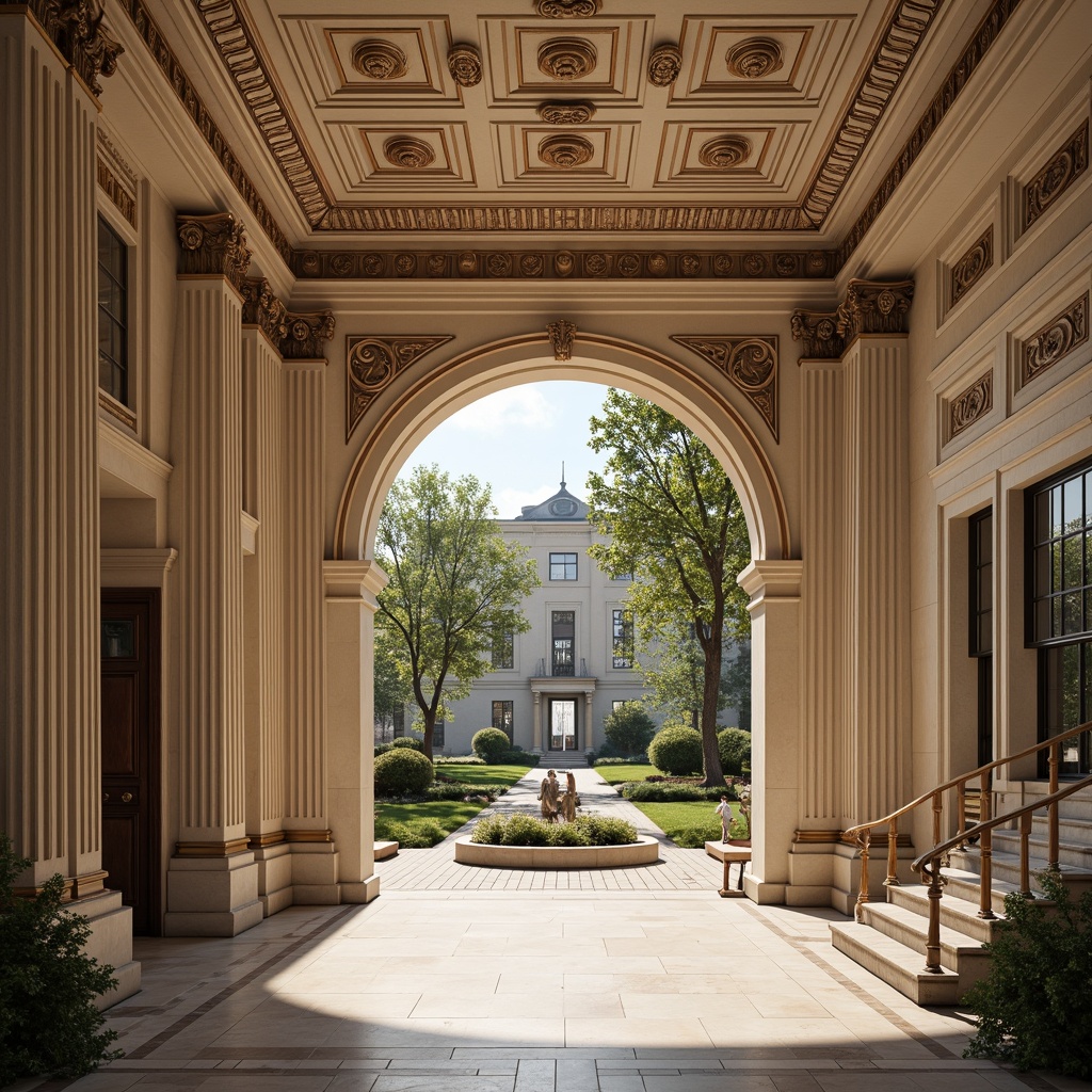 Prompt: Grand courthouse, neoclassical architecture, symmetrical facade, Corinthian columns, ornate carvings, grand staircase, marble floors, high ceilings, intricate moldings, classical pediments, bronze door handles, large windows, stained glass, formal gardens, manicured lawns, sculptures, fountains, sunny day, soft warm lighting, shallow depth of field, 1/2 composition, realistic textures, ambient occlusion.