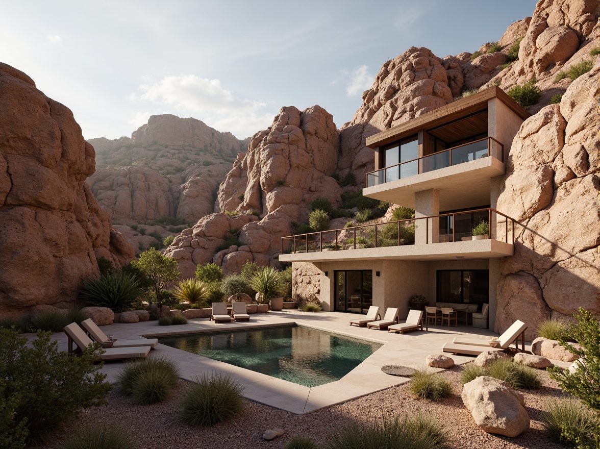 Prompt: Rugged canyon landscape, rocky formations, earthy tones, natural stone cladding, steel frame structures, cantilevered balconies, floor-to-ceiling windows, panoramic views, minimalist decor, industrial chic aesthetic, exposed ductwork, polished concrete floors, reclaimed wood accents, desert flora, cacti, succulents, warm golden lighting, soft shadows, shallow depth of field, 2/3 composition, realistic textures, ambient occlusion.