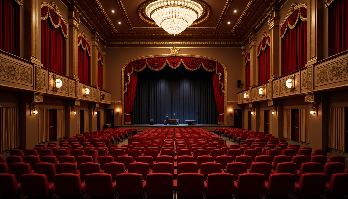 Prompt: Elegant theater interior, rich velvet curtains, ornate golden accents, plush red seating, sophisticated soundproofing, acoustic panels, strategic speaker placement, precise echo reduction, intimate setting, warm soft lighting, subtle shadows, 1/2 composition, shallow depth of field, realistic textures, ambient occlusion.