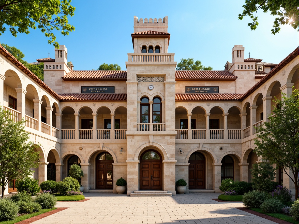 Prompt: Romanesque school building, terracotta rooftops, ornate stone carvings, grand archways, vibrant greenery, educational signage, classic clock towers, intricate brick patterns, rustic wooden doors, warm beige stonework, sunny afternoon, soft natural lighting, shallow depth of field, 1/1 composition, symmetrical architecture, realistic textures, ambient occlusion.