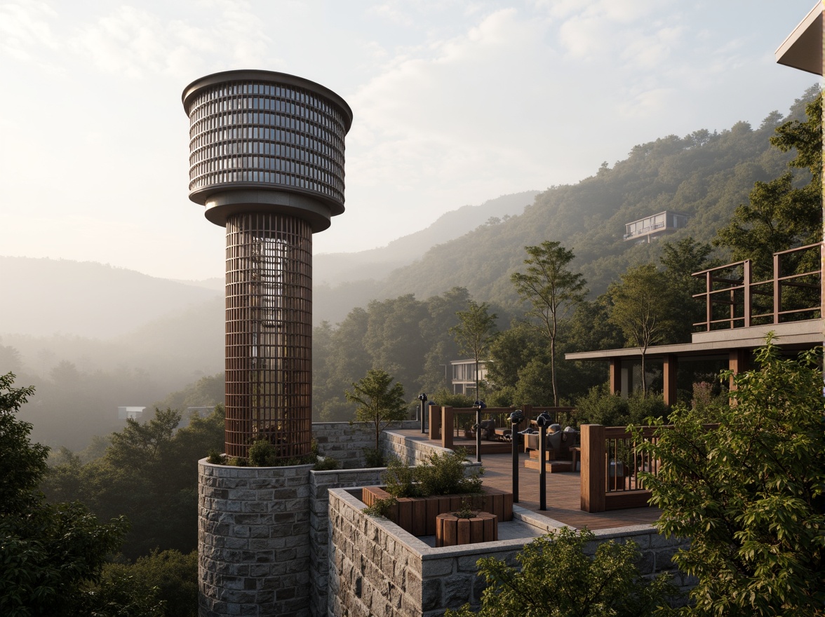 Prompt: Elegant watching tower, slender cylindrical shape, metallic latticework exterior, modern minimalist aesthetic, panoramic viewing platform, binoculars, telescopes, rustic wooden accents, earthy tone color palette, natural stone foundation, surrounding lush forest, misty mountain atmosphere, soft warm lighting, 3/4 composition, shallow depth of field, realistic textures, ambient occlusion.