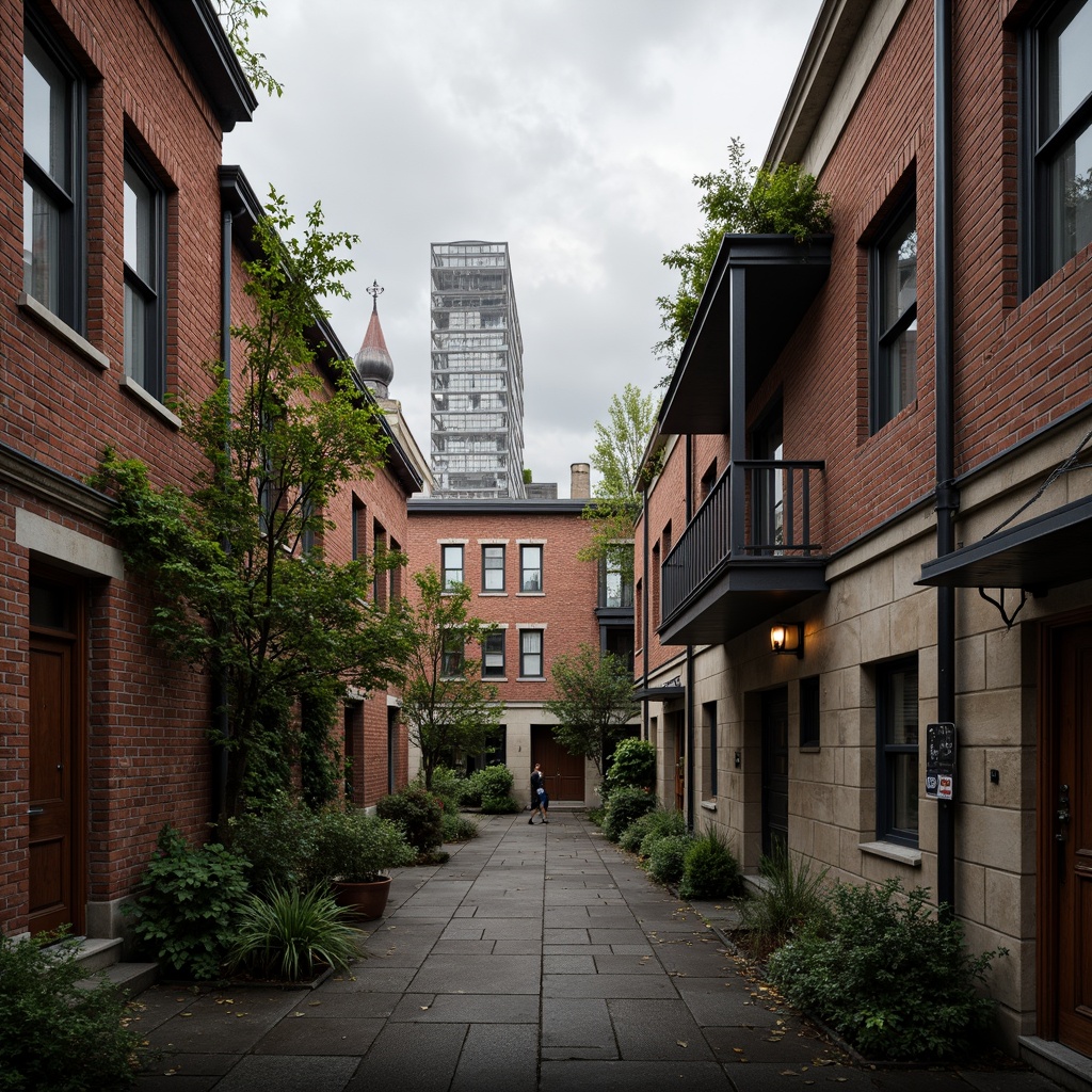 Prompt: Rustic brick facades, textured stone walls, ornate metal detailing, verdant green roofs, cascading vines, industrial pipes, distressed wooden accents, urban cityscape, cloudy grey sky, warm afternoon lighting, shallow depth of field, 2/3 composition, realistic renderings, ambient occlusion.