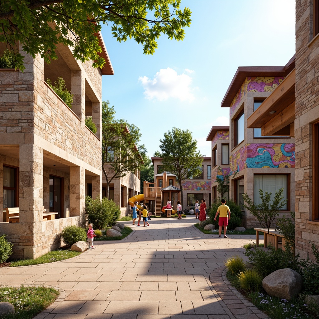 Prompt: Vibrant kindergarten playground, colorful murals, irregular stone walls, rustic brick textures, earthy tone buildings, natural rough-hewn stones, playful climbing structures, wooden playhouses, bright sunny day, soft warm lighting, shallow depth of field, 3/4 composition, panoramic view, realistic textures, ambient occlusion.