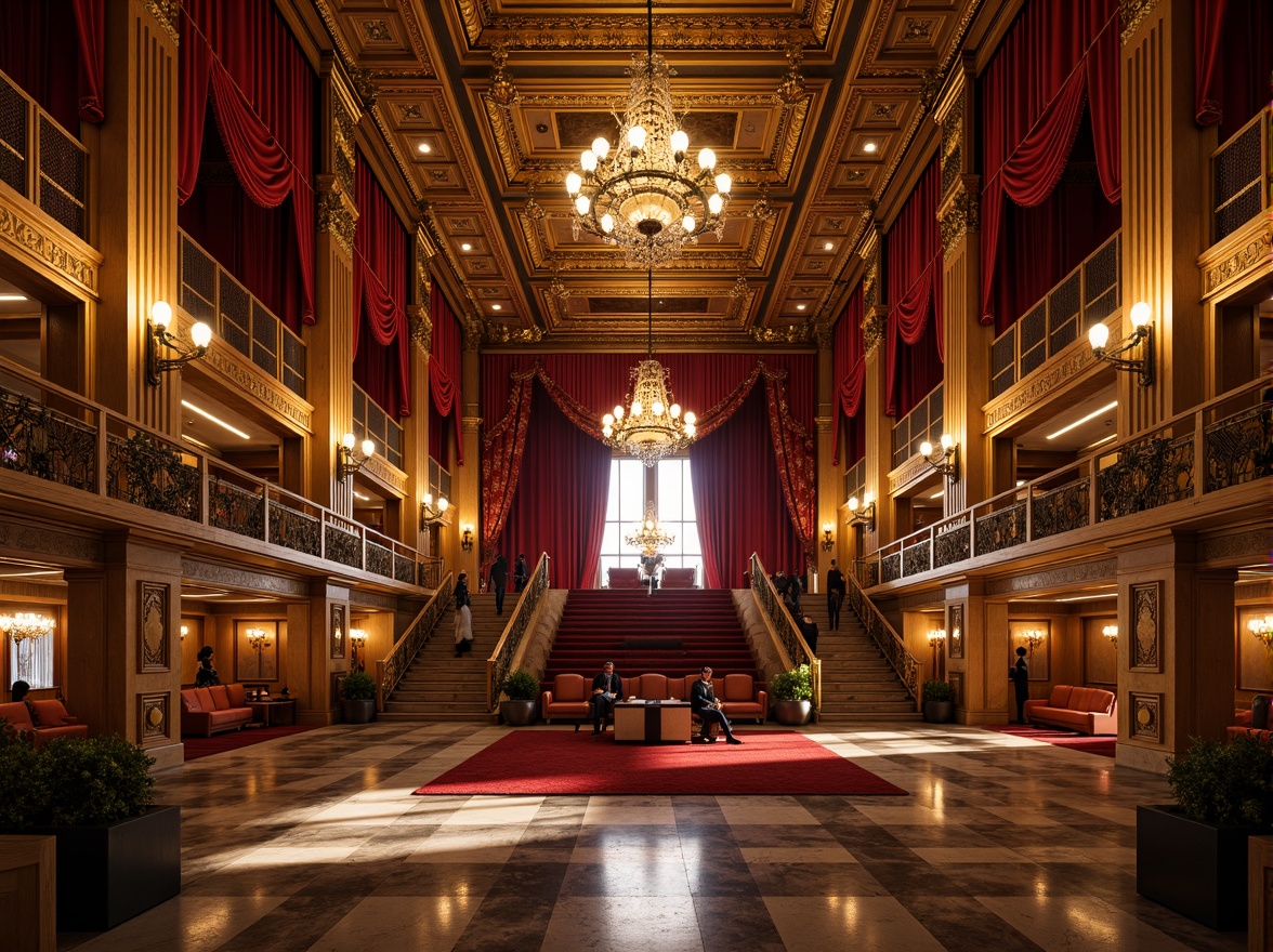 Prompt: Grand Renaissance auditorium, ornate gilded details, intricately carved wooden paneling, crimson velvet drapes, majestic chandeliers, polished marble floors, sweeping staircases, elegant balconies, Baroque-inspired architectural elements, richly textured fabrics, warm golden lighting, dramatic spotlights, 1/2 composition, symmetrical framing, realistic reflections, ambient shadows.