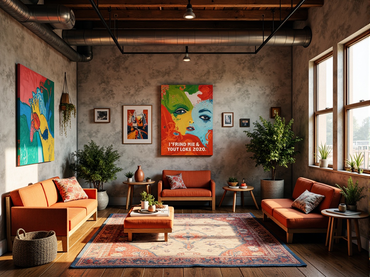 Prompt: Vibrant art studio, eclectic furniture, bold brushstrokes, abstract canvases, artistic equipment, inspirational quotes, natural light, wooden easels, colorful rugs, textured walls, industrial pipes, urban loft atmosphere, warm golden lighting, shallow depth of field, 1/1 composition, realistic textures, ambient occlusion.