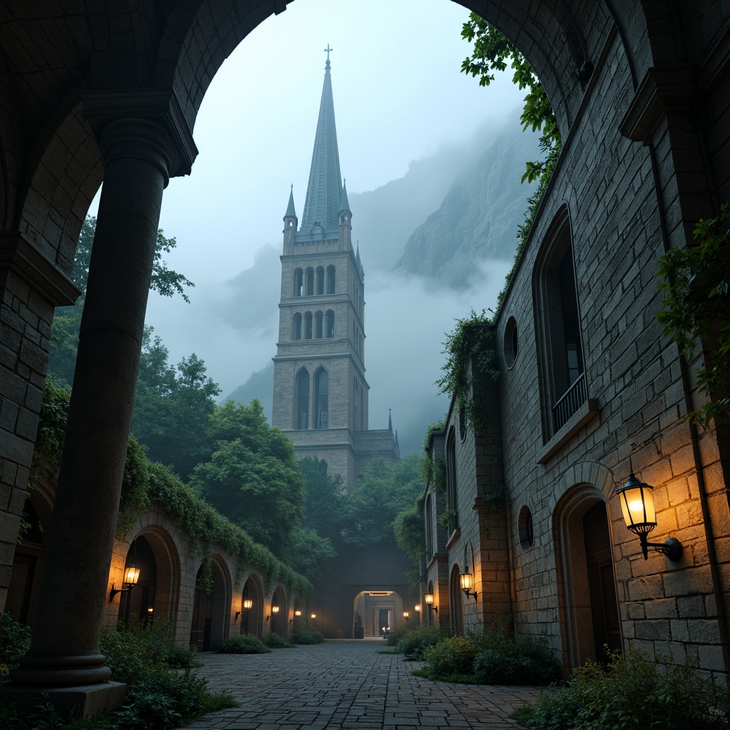 Prompt: Majestic Gothic towers, mystical fog, misty mountains, ancient stone walls, ivy-covered ruins, grandiose archways, ornate ironwork, delicate stonework, intricate carvings, mysterious passageways, dreamy lanterns, soft warm lighting, atmospheric perspective, 1/1 composition, low-angle shot, dramatic shadows, rich textures, ambient occlusion.