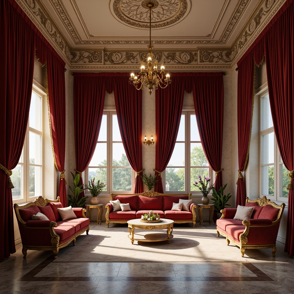 Prompt: Rich velvet drapes, intricately carved wooden furniture, ornate gold leaf accents, lavish silk upholstery, polished marble floors, grand chandeliers, detailed stucco ceiling, neoclassical architecture, symmetrical composition, soft warm lighting, subtle depth of field, 2/3 composition, realistic textures, ambient occlusion.