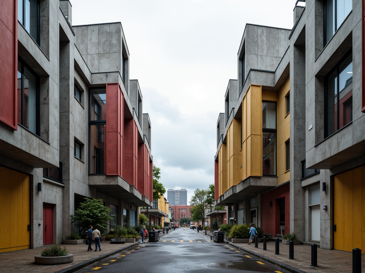 Prompt: Industrial urban landscape, brutalist architecture, rectangular forms, clean lines, minimal ornamentation, primary colors, functionalism, steel frames, large windows, cantilevered roofs, asymmetrical compositions, geometric shapes, abstract patterns, rational design, functional simplicity, raw concrete textures, industrial materials, urban context, cloudy day, high contrast lighting, 1/1 composition, symmetrical view, detailed renderings.