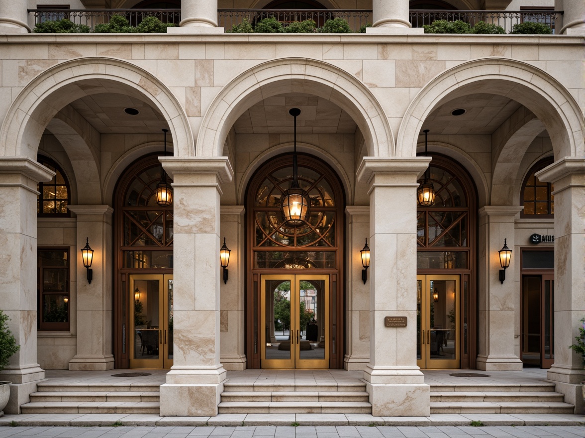 Prompt: Grand courthouse entrance, imposing stone columns, ornate carvings, majestic archways, symmetrical fa\u00e7ade, richly textured granite, elegant pediment, intricately designed bronze doors, ornamental lanterns, subtle lighting, warm beige tones, classical proportions, dignified atmosphere, shallow depth of field, central axis composition, realistic textures, ambient occlusion.