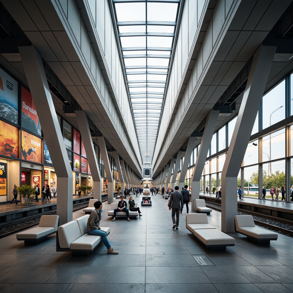 Prompt: Modern tram station interior, high ceilings, ample natural light, sleek metallic beams, minimalist design, spacious waiting areas, comfortable seating, vibrant urban artwork, electronic information displays, efficient passenger flow, maximized platform space, durable industrial flooring, stainless steel handrails, LED lighting systems, airy atmosphere, shallow depth of field, 1/1 composition, realistic textures, ambient occlusion.