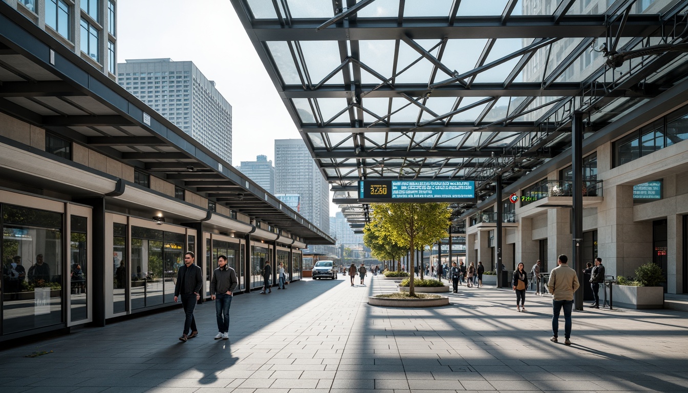 Prompt: Modern tram station, sleek metal framework, glass roofs, cantilevered canopies, exposed steel beams, minimalist design, efficient circulation paths, clear signage, LED lighting systems, urban cityscape, morning rush hour, soft diffused light, shallow depth of field, 3/4 composition, realistic textures, ambient occlusion.