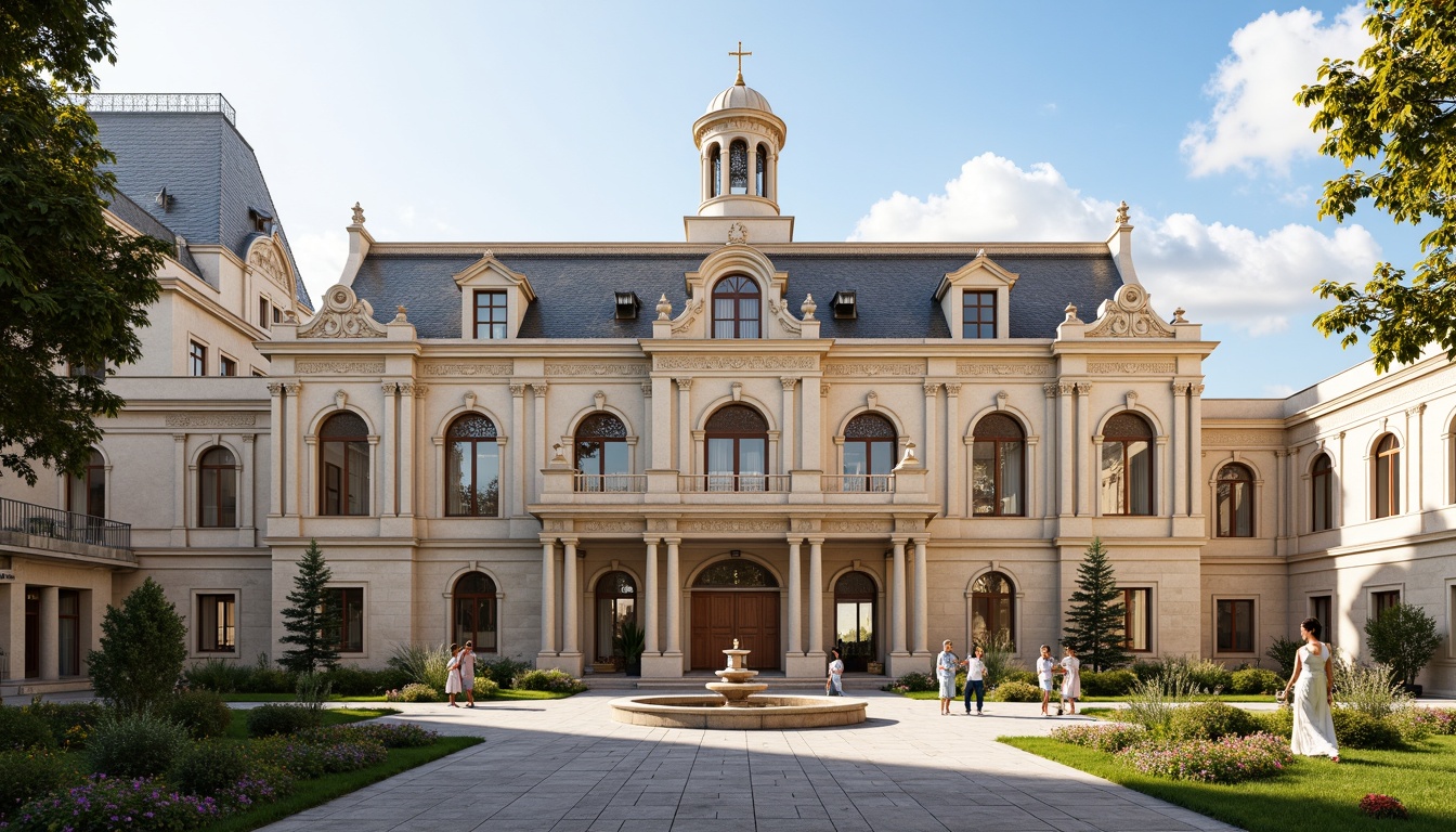 Prompt: Grand courthouse, neoclassical architecture, ornate stone carvings, Corinthian columns, symmetrical facade, grand entrance, bronze doors, intricate moldings, arched windows, dormer windows, slate roof, clock tower, statues, fountains, manicured lawns, paved courtyard, natural light, warm beige tones, subtle texture, shallow depth of field, 1/2 composition, realistic rendering.