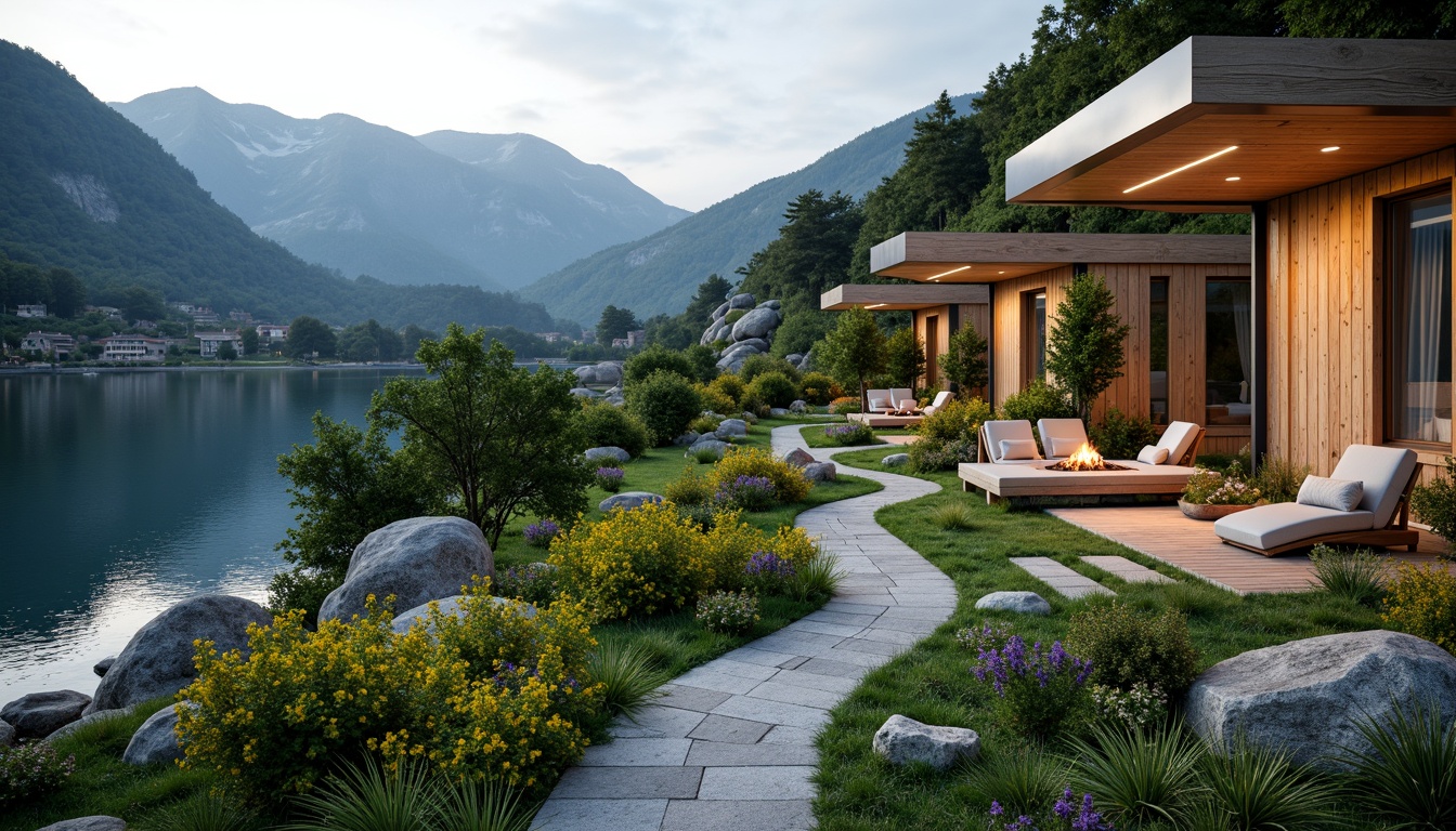 Prompt: Mountainous terrain, rolling hills, serene lakeside, lush greenery, vibrant wildflowers, meandering stone pathways, wooden decks, modern architectural structures, cantilevered roofs, large glass windows, sliding doors, outdoor seating areas, fire pit, warm string lighting, shallow depth of field, 3/4 composition, panoramic view, realistic textures, ambient occlusion.