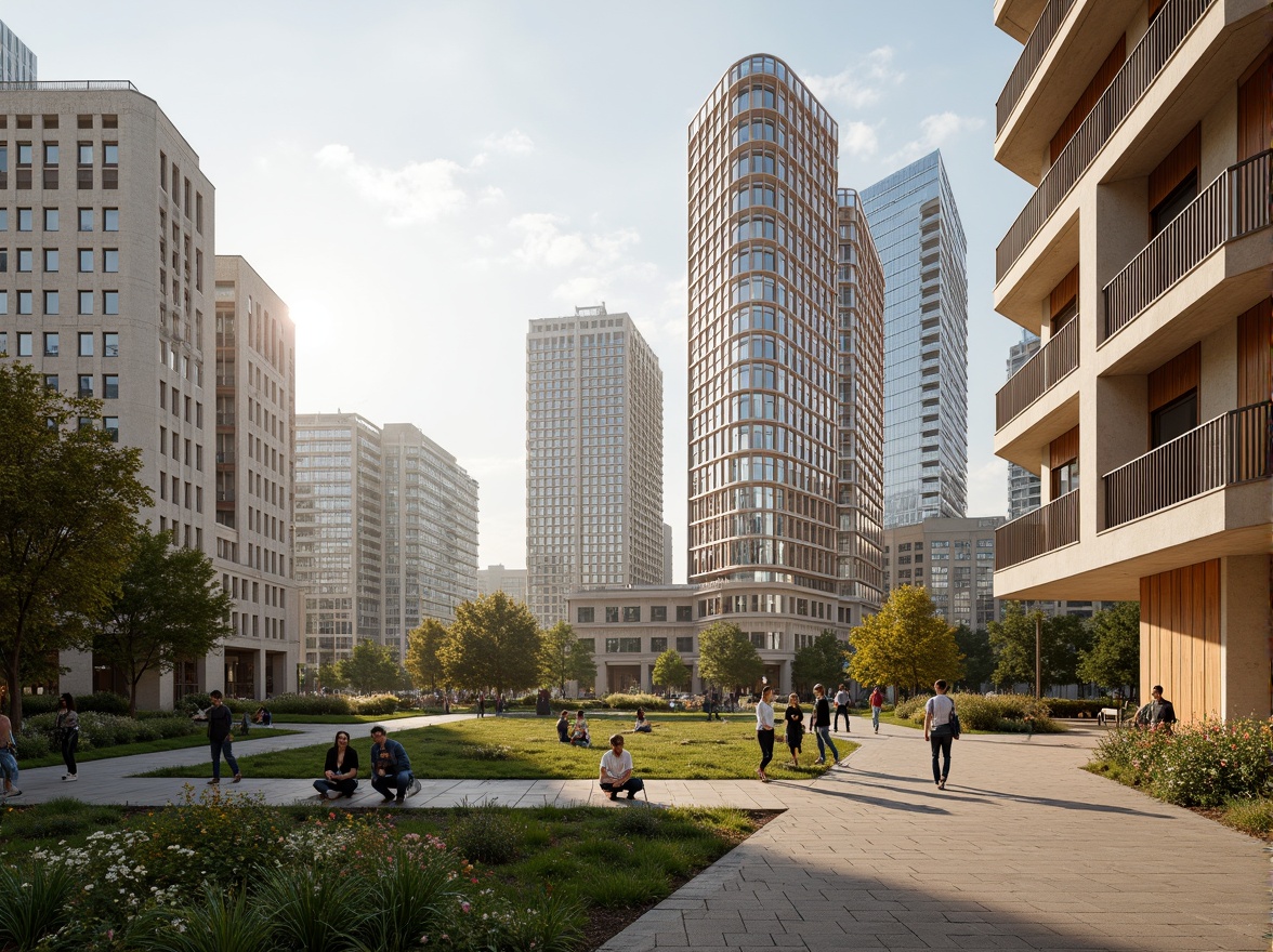 Prompt: Vibrant urban landscape, modern skyscrapers, sleek glass facades, warm beige tones, rich wood accents, cool gray concrete, soft green roofs, bold yellow highlights, elegant white marble, subtle texture contrasts, natural light reflections, atmospheric misty mornings, shallow depth of field, 2/3 composition, symmetrical framing, realistic material rendering.