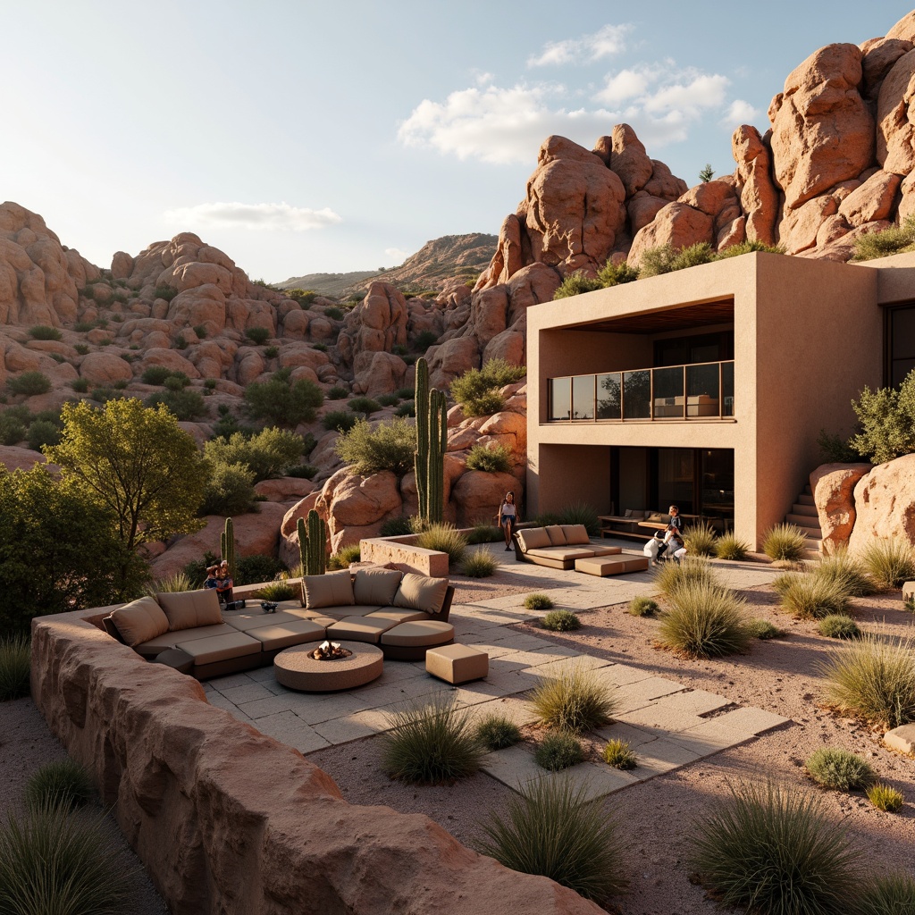 Prompt: Rustic canyon building, earthy tone walls, rough stone textures, wooden accents, natural rock formations, desert flora, cacti, sandy dunes, warm golden lighting, soft shadows, shallow depth of field, 3/4 composition, panoramic view, realistic textures, ambient occlusion, modern minimalist design, steel frame structures, glass railings, wooden decks, outdoor seating areas, fire pit gatherings, starry night skies.