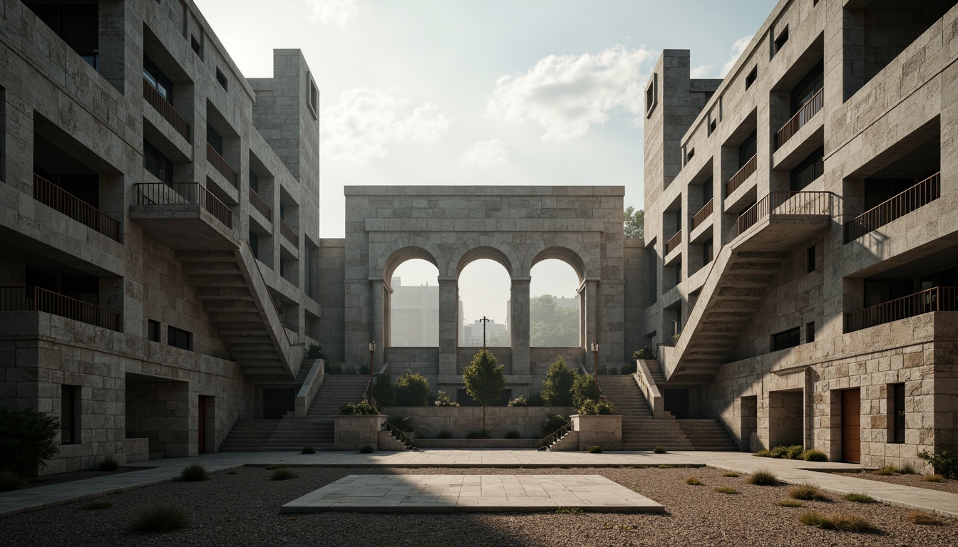 Prompt: Rugged amphitheater, brutalist architecture, raw concrete structures, bold geometric forms, monumental staircases, imposing arches, robust columns, cantilevered balconies, rough-hewn stone walls, weathered metal accents, dramatic natural light, high-contrast shadows, atmospheric fog, 3/4 composition, symmetrical framing, cinematic wide-angle shot, gritty textures, ambient occlusion.