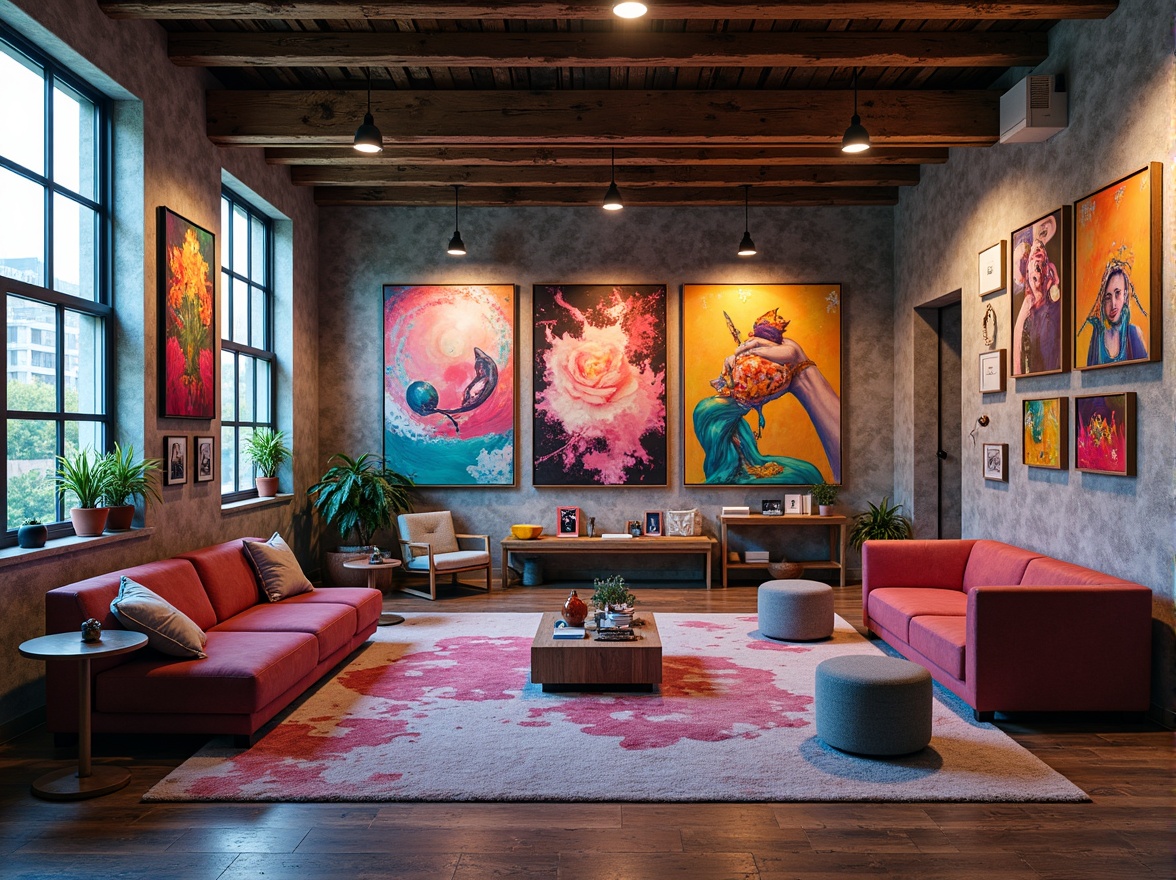 Prompt: Vibrant artistic studio, bold brushstrokes, eclectic color scheme, pastel hues, neon accents, abstract expressionism, mixed media textures, urban loft setting, natural wood flooring, industrial metal beams, floor-to-ceiling windows, dramatic lighting, warm cozy atmosphere, 1/1 composition, shallow depth of field, realistic renderings, ambient occlusion.