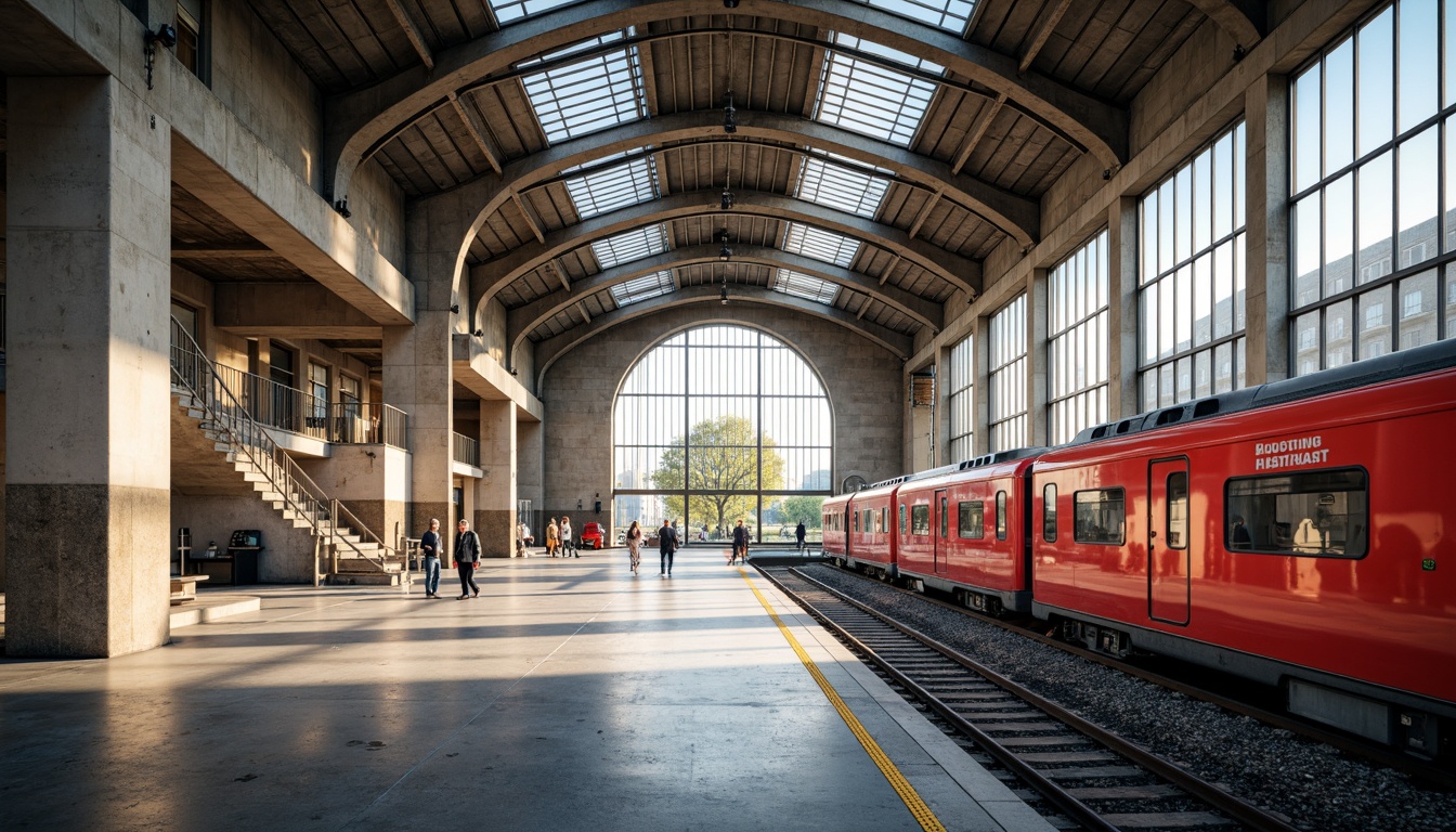 Prompt: Functional Bauhaus train station, industrial chic, exposed concrete walls, steel beams, minimalist design, bold typography, primary color scheme, bright red accents, deep blue tones, neutral beige backgrounds, urban cityscape, morning commute, natural light pouring in, high-contrast shadows, 1/2 composition, symmetrical architecture, geometric patterns, clean lines, modernist aesthetic, abstract textures, ambient occlusion.