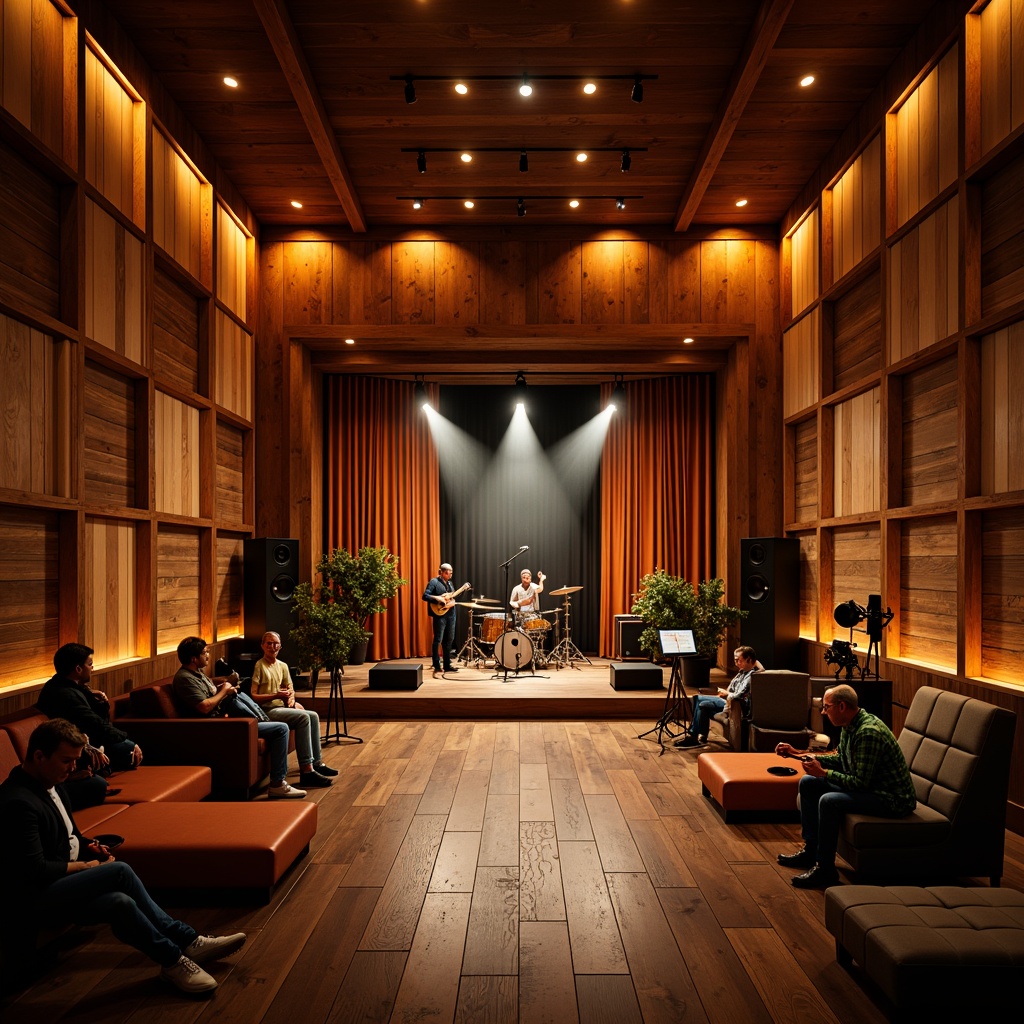 Prompt: Intimate music venue, warm wood tones, sound-absorbing panels, diffused ceiling lights, cozy seating areas, stage with professional lighting, high-fidelity speakers, acoustic guitars, drum sets, microphone stands, recording equipment, mixing consoles, soundproofing materials, bass traps, echo-reducing curtains, ambient crowd noise, lively atmosphere, warm color scheme, rustic wooden floors, dimmable lighting, 1/2 composition, soft focus, shallow depth of field.