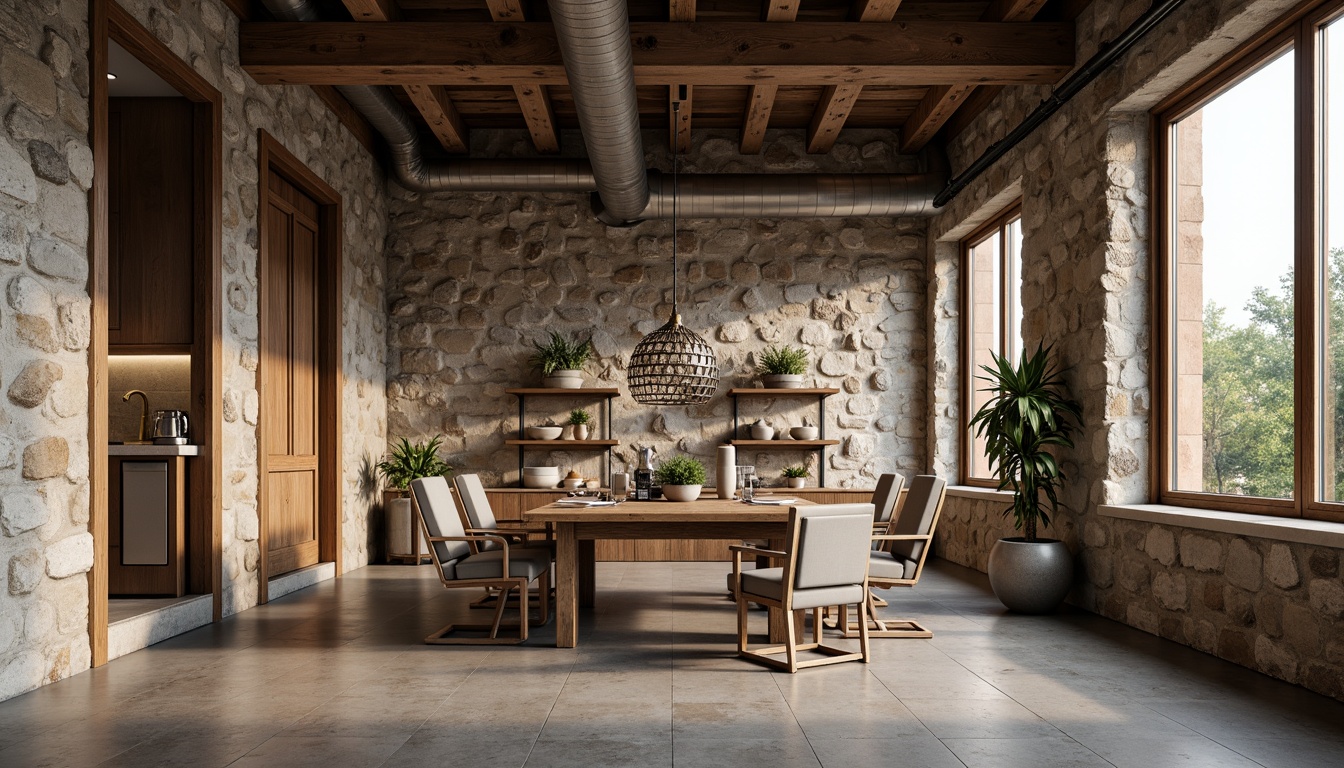 Prompt: Rough stone walls, natural rock formations, earthy tones, organic textures, wooden accents, rustic beams, distressed finishes, industrial metal cladding, exposed ductwork, concrete floors, urban loft atmosphere, soft warm lighting, shallow depth of field, 1/1 composition, realistic renderings, ambient occlusion.