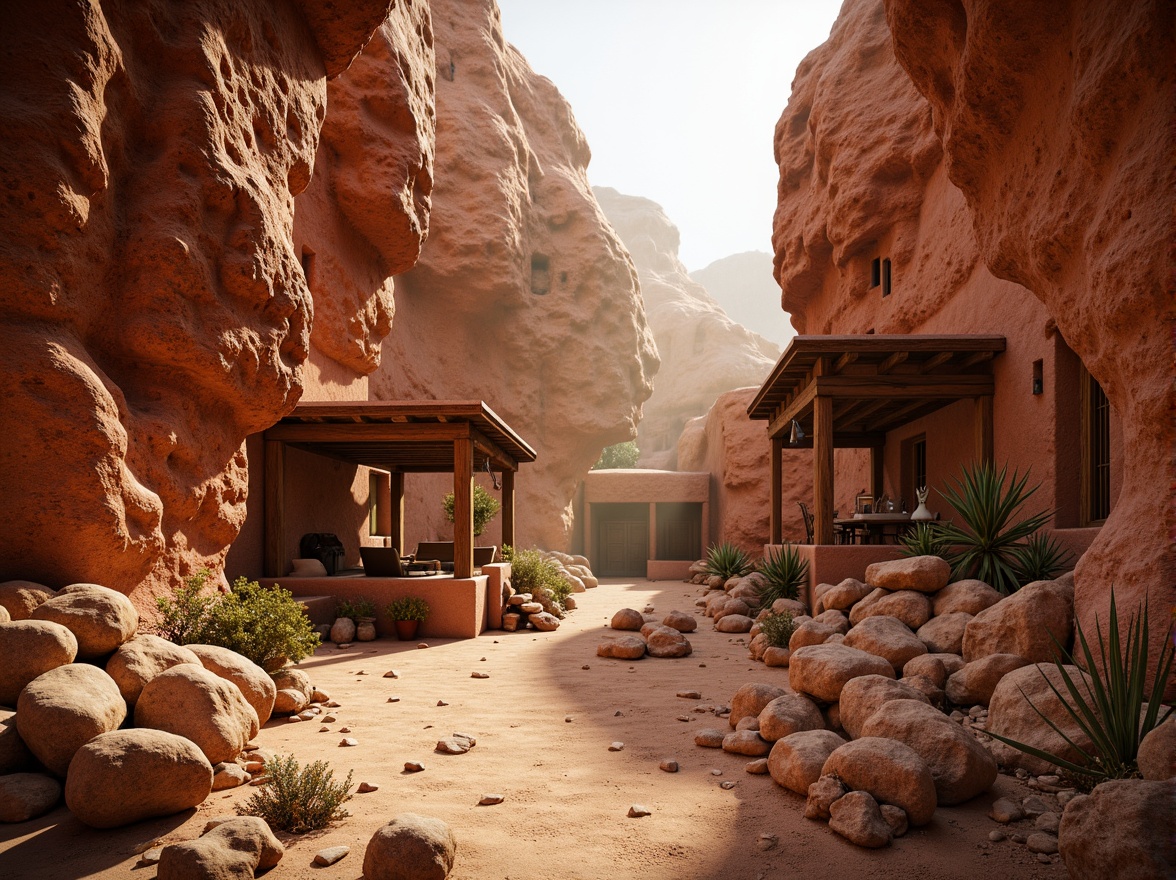 Prompt: Rugged canyon terrain, rusty red rock formations, sandy stone walls, earthy adobe architecture, natural stonework, wooden beam ceilings, distressed wood accents, woven fiber textiles, rough-hewn boulders, desert flora, cacti, succulents, warm golden lighting, soft misting effects, atmospheric perspective, 1/2 composition, cinematic rendering, detailed normal maps, realistic ambient occlusion.