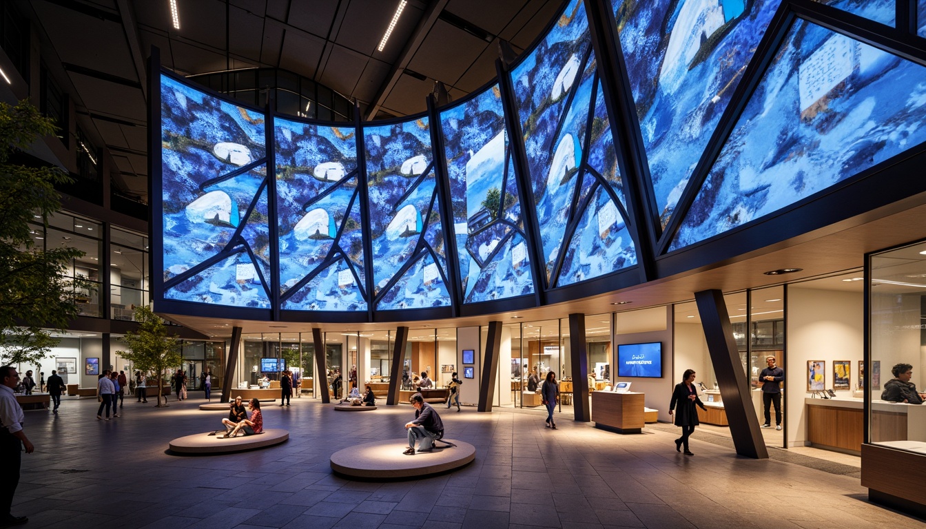 Prompt: Curved visitor center facade, dynamic LED lighting, parametric architecture, futuristic design, cantilevered rooflines, reflective glass surfaces, angular metal frames, minimalist interior, interactive exhibits, immersive experiences, digital displays, sleek information counters, modern signage, natural stone flooring, spacious atrium, abundant natural light, soft warm ambiance, shallow depth of field, 3/4 composition, panoramic view, realistic textures, ambient occlusion.