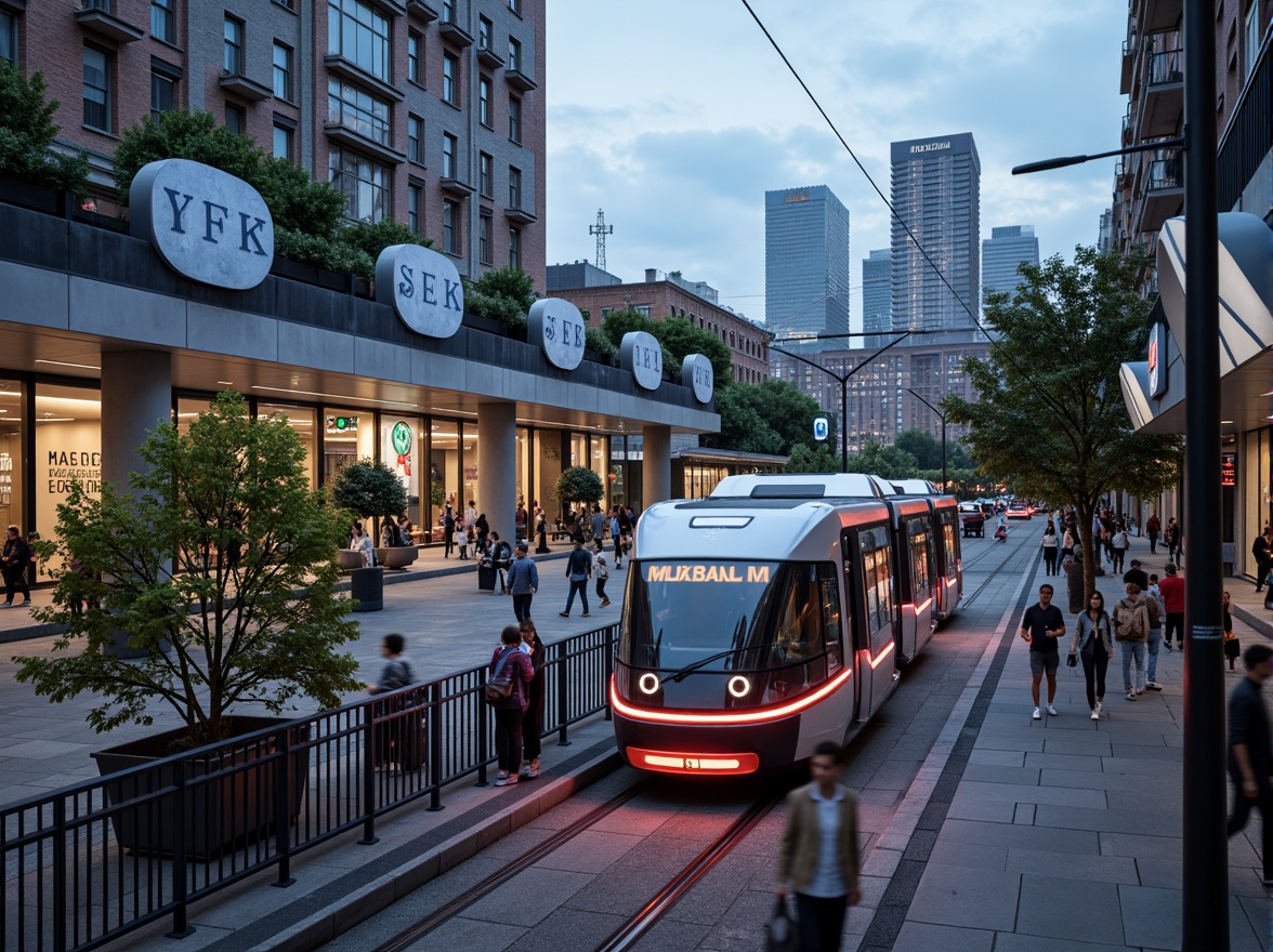 Prompt: Futuristic tram stations, curved blob-like structures, sleek metal exteriors, vibrant neon lights, bustling urban landscapes, city skylines, modern architecture, pedestrian-friendly access, green roofs, integrated public art installations, ambient lighting, shallow depth of field, 3/4 composition, panoramic view, realistic textures, ambient occlusion, busy street scenes, diverse urban populations, dynamic urban rhythms.