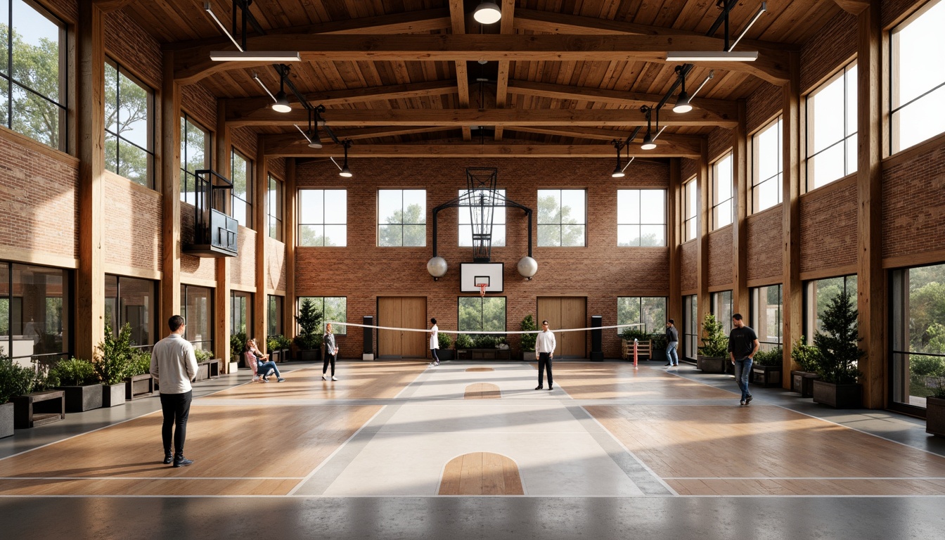 Prompt: Rustic gymnasium interior, regionalism style, wooden accents, exposed brick walls, high ceilings, large windows, natural light, functional layout, open spaces, athletic equipment, basketball hoops, volleyball nets, exercise machines, free weights, mirrored walls, rubber flooring, industrial lighting, metal beams, earthy color palette, warm atmosphere, 1/1 composition, symmetrical framing, softbox lighting, realistic textures, ambient occlusion.