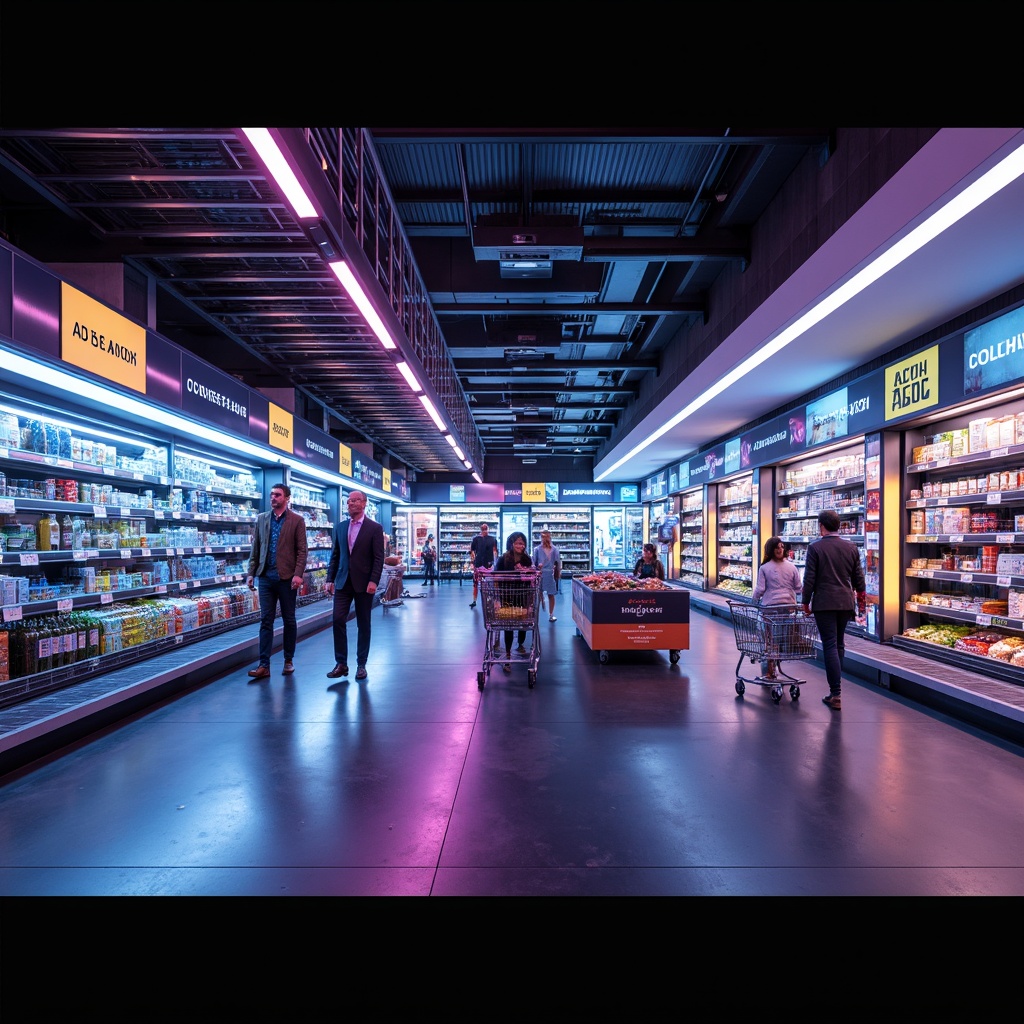 Prompt: Futuristic grocery store interior, neon-lit shelves, LED lighting strips, holographic advertisements, sleek metal racks, transparent glass walls, minimalist product displays, automated shopping carts, robotic assistants, high-tech payment systems, ambient electronic music, vibrant color schemes, glossy floors, futuristic signage, modernist architecture, urban cityscape views, softbox lighting, shallow depth of field, 1/1 composition, realistic reflections.